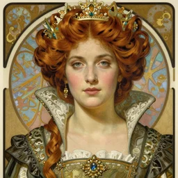 portrait, artwork by james jean, hyperdetailed realistic lithograph, beautiful medieval queen, jean delville, art nouveau, alphonse mucha