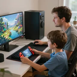 dad and son playing video games together, the dad is on a gamer pc and the kid on a red nintendo switch device, ultra detailed, delicate, octane render, 8 k.