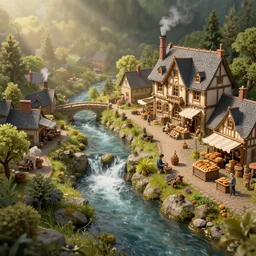 gediminas pranckevicius, nitid scene close view of miniature world with river, small waterfall, chimney with smoke, marketplace, bakery in style tudor, with stunning 3 d render + dim volumetric lighting, 8 k resolution, post - processing, hyperdetailed, ray of sunlight, detailed painterly digital art style by wlop
