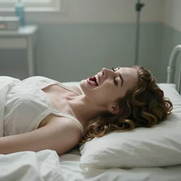 cinestill 5 0 d shot of a beautiful dreamy woman by annie liebovitz, screaming on a bed of a dystopian mental hosptital room environment, detailed ambient, pale natural tonal glossy, hair intricate style, wearing white dress, elegant, highly detailed, soft foggy blur, artstation, sharp focus, head in focus,
