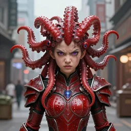 pixiev young teen with purple eyes and tentacles on her head in fury, very detailed, in glass town, portrait, ultra realistic, very intricate red armor