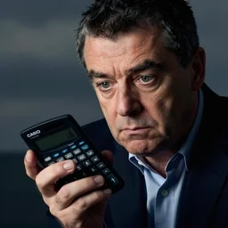 dramatic photo of rowan atkinson struggling to use a casio calculator casio calculator casio calculator, close up
