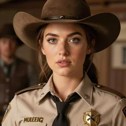 a portrait one person, beautiful female sheriff body, big eyes, plump lips, western saloon theme, detailed faces