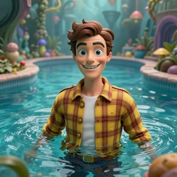 intricate Waldo from Where's Waldo, in the water, on the background of a weird magical swimming pool. Very detailed 8k. Fantasy. Sharp. Cinematic post-processing