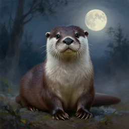 a portrait of beautiful otter the night, d & d, fantasy, mist, full moon in background, trees, hyper detailed,, midium shot, an oil painting by ruan jia, trending on artstation, concept art, sharp focus, illustration, gaston bussiere, craig mullins, j. c. leyendecker, beautiful lighting