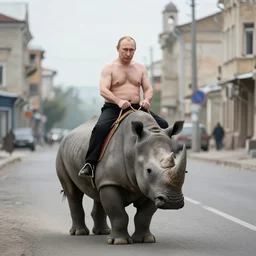 photograph of a shirtless putin riding a rhinoceros down a desolate city street