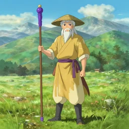 a chinese battle monk, wearing a faded dark yellow toga, a straw hat, holding a wooden long staff with a purple ball at the end of the stick, the stick is perpendicular to the floor, long white beard, beautiful valley with a meadow and dozens of mountains, lots of shading, full body shot, drawn in the style of makoto shinkai