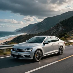 vw Jetta mk6 silver, vaporwave, driving on mountain with beach and see in the distance.