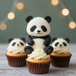 beautiful panda cupcakes, food photography, centered, bokeh, studio lighting