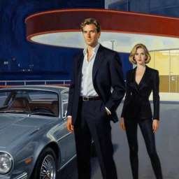 technical illustration, edward hopper painting, syd mead painting, kitt knight rider, cinematic, film photography, retro futuristic, blade runner 2 0 4 9