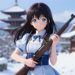 portrait of anime girl in dress dress with rifle in hands winter by greg rutkowski, key visual, kyoto animation, square enix, studio ghibli pixiv, sharp, detailed, high quality, award winning trending on super detailed face sparkling eyes fingers photorealistic ultrahd 4 k 8 k unrealengine