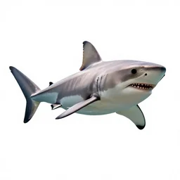 baby great white shark, high detail photograph, full body, isolated on a pure white background, centered, entire subject in frame, sharp focus, soft studio lighting