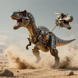 action photography, long shot, award winning macro photo of an ultra detailed intricate steampunk dinosaur exploding from the sand, fast shutter speed, motion blur, tiny gaussian blur, highly detailed, highly intricate, depth of field, national geographic