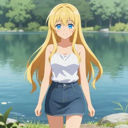 a very beautiful anime girl, full body, long blond hair, sky blue eyes, full round face, short smile, mini jeans skirt, cute top, summer lake setting, highly detailed, trending on Artstation, Unreal Engine 4k, cinematic wallpaper by Stanley Artgerm Lau, WLOP, Rossdraws, James Jean, Andrei Riabovitchev, Marc Simonetti, and Sakimichan