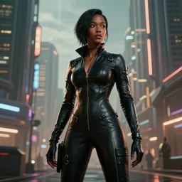 a beautiful Black woman wearing leather black catsuit, standing in futuristic blade runner city, unreal engine, artstation