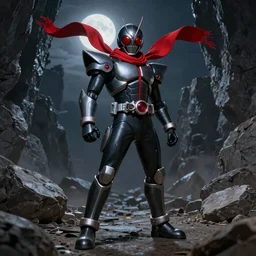 High Fantasy Kamen Rider with a red scarf billowing behind him standing in a rock quarry, full body single character, League of Legends Character Splash Art, rubber suit, biomechanical elements, Arcane style, action scene, fight scene, good value control, high quality, 4k, ultra realistic, highly detailed, illustration, promotional image, matte painting, rule of thirds, centered, cinematography, moonlit night,