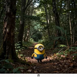 “ trail cam footage of a minion running through the woods, scary, horror ”