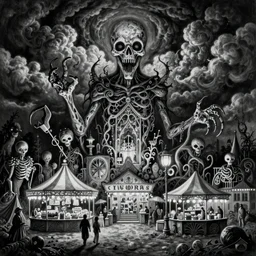 ultra realist soft painting of a curiosities fair by night, nightmare horror, omnious sky, symmetry accurate features, very intricate details, black and white, volumetric light clouds