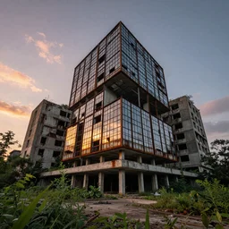 brutalist architecture by Le Corbusier, abandoned buildings, empty streetscapes, surrounded by lush green vegetation, ground-level view, stunning volumetric lighting, sunset, rusted steel, solid concrete, glass, stunning skies, trending on Artstation, 8k, photorealistic, hyper detailed, unreal engine 5, IMAX quality, cinematic, epic lighting, in the style of DOOM and Quake and Greg Rutkowski