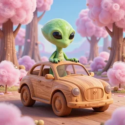 a wood carved alien car on a cotton candy forest, art style by pixar dreamworks warner bros disney riot games arcane and overwatch, au naturel, hyper detailed, digital art, trending in artstation, cinematic lighting, studio quality, smooth render, unreal engine 5 rendered, octane rendered
