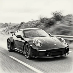 a black 2 0 2 1 porsche 9 1 1 gt 3 driving on a windy road, action photo, pencil sketch