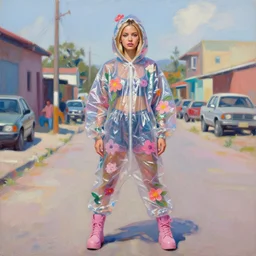still from music video of barbie palvin from die antwoord standing in a township street, wearing a trashbag hoodie garbage bag and flowers, street fashion, full figure portrait painting by martine johanna, ilya kuvshinov, rossdraws, pastel color palette, shiny plastic, detailed impasto brushwork, impressionistic