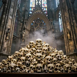 full color, low wide shot of sedlec ossuary, bones, anime style mixed with fujifilm, colorful, foggy, sense of awe, artstation, cgsociety, octane render, cgi, unreal engine 5, denoise, detailed, cinematic masterpiece