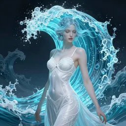 a photograpic portrait of a anthropomorphic bioluminescent water wave wearing white clothes and bra, fantasy, intricate, elegant, highly detailed, digital painting, artstation, concept art, smooth, sharp focus, illustration, art by artgerm and h r giger and alphonse mucha