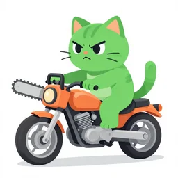 a picture with an angry green cat riding a motorcycle with chainsaws on the side
