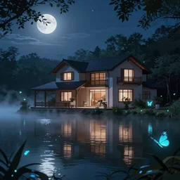 a stunning lake house, beautiful lake in the foreground, moonlit night dreamy atmosphere, highly detailed twigs and plants in the forest, bioluminiscent butterflies in the fog in a bokeh background, deep colors, photorealistic digital arts, in anime style, smooth and rich color scheme, artstation, 8K