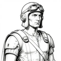 black and white Roman Sustov style ink drawing of detailed brutal pilot with detailed face and wearing detailed retrofuturistic costume designed by Roman Sustov and wearing detailed retrofuturistic sci-fi Neural interface designed by Roman Sustov. Vibrant volumetric natural light In style of Roman Sustov.