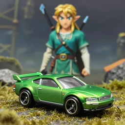 3 5 mm photo of metallic green zelda car like hot wheels model with a hyrule as background, epic cinematic, epic lighting