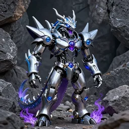 Snarling biomechanical anthropomorphic robot dragon with kamen rider inspired armor standing in a rock quarry, high contrast, magic hour photography, good value control, rule of thirds, centered, science fiction, silver and blue color schemes, rubber suit, ultra realistic, glowing eyes, glowing mouth, low purple flame, high quality, 4k, concept art, illustration, League of Legends Character Splash Art