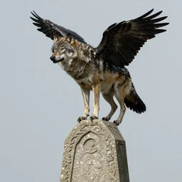 A wolf with the wings and beak of a crow perched on top of a stone obelisk, realistic midshot photo of the wolfish chimera, in the style of Ralph Horsley
