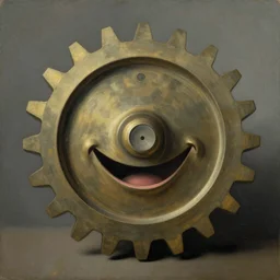 surrealist painting of a happy cog, by Rene Magritte, high quality, strange, pleasing