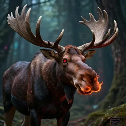 5 5 mm close up portrait photo of an armored demonic fire breathing moose with red eyes and antlers and looking at the camera, in a magical forest. dark atmosphere. art by greg rutkowski and luis royo. highly detailed 8 k. intricate. lifelike. soft light. nikon d 8 5 0.