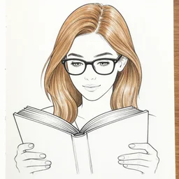 clean line art of a woman with light brown hair and glasses reading books. well composed, clean coloring book page, beautiful detailed face. coloring book line art by johanna basford