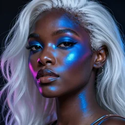 hyperrealistic close-up of beautiful black woman with white hair and iridescent blue skin hannah yata dramatic neon lighting