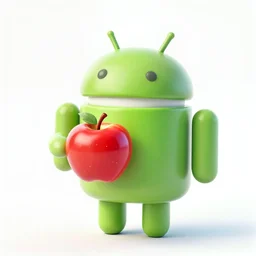 android mascot eating an apple, 8 k photorealistic 3 d render, rtx, bright, colourful