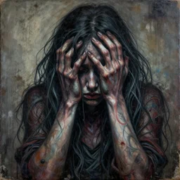a dirty grunge painting with dark and muted colors from the personification of self - pity. airbrush art, complex massive detail, lsd.
