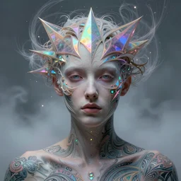 A fractal Mesmerizing 8k hyperrealistic Photo Portrait of a pale skinned human with a tattoo by Joe Fenton that is transforming into iridescent geometry, cyberpunk, Surrounded by Mist, highly detailed, intricate, sci-fi, sharp focus, subsurface scattering, art by Ayami Kojima, artgerm, Greg Tocchini, Alphonse Mucha, Yoshitaka Amano