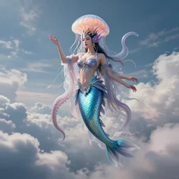 Full body photo of the most beautiful goddess, she has a jellyfish-phoenix head's and a siren body, some tentacles are touching her, she flying to heaven through the cumulus clouds, by Tooth Wu, trending on Artstation, digital art, symmetrical artwork, cinematic, hyper realism, high detail, octane render, 4k, 8k