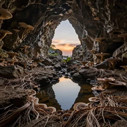 expansive caves with growing fungal biodiversity , pools of water reflecting , dramatic dusk sun illuminates areas , volumetric light ,detailed entangled fibres carpet the fallen rocks ,full colour , upscale , 8k