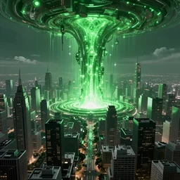 a green massive interdimensional portal opening in the center of a vast megacity, judge dredd, dredd, volumetric light, rendered in octane, ray tracing on epic settings, epic scale, epic scene