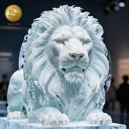 beautiful portrait commission of a lion ice statue on display, detailed face , hyperdetailed, detailed photograph, award winning photo