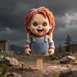 ice cream popsicle shaped like screaming chucky doll, octane render, ultrarealistic