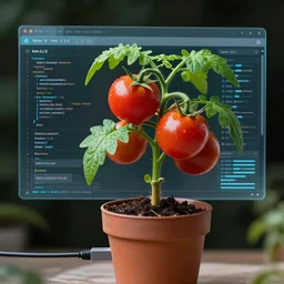 a potted tomato plant with an ethernet connection, its leaves and tomatoes form a web developer interface for html 5 iot web 2. 0, high resolution megapixel photograph