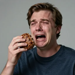 PewDiePie crying holding a meatball, wide shot, realistic, 8k resolution, hyperdetailed, highly detailed, real life, studio lighting, high quality, photo