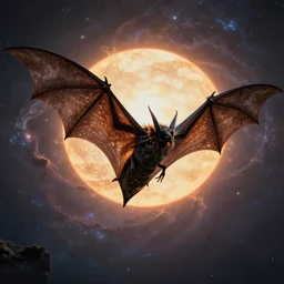 huge demonic moth bat hyrbrid, flying into the midnight sun, in the shade of the cosmic nebula sun in the backdrop, photo pic by wispy in horrors