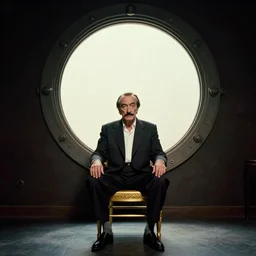 salvador dali sits on gold chair in front of huge central porthole | still frame from the movie by ridley scott with cinematogrophy of christopher doyle and art direction by hans giger, anamorphic lens, 8 k